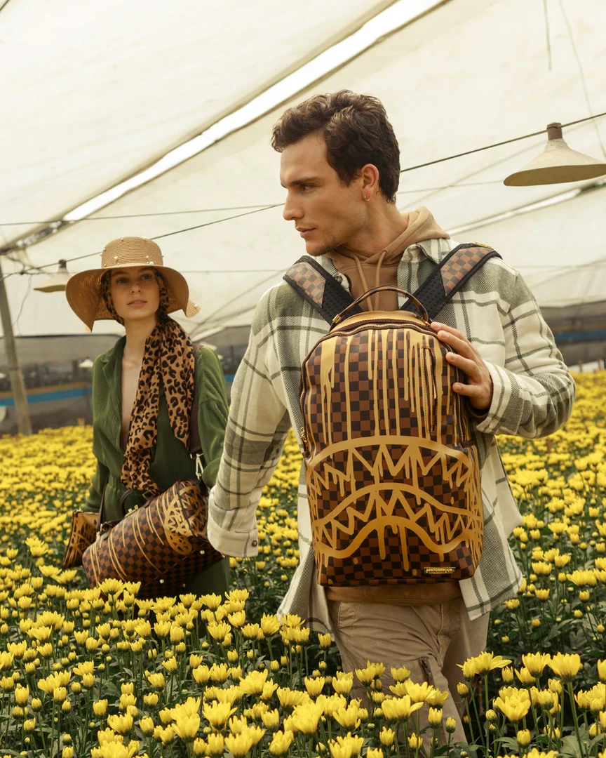 SPRAY GROUND Sprayground Paris Paint DLXV Checkerboard Backpack - Brown / Gold