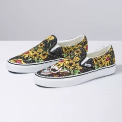 Vans Unisex Classic Slip On Beauty Skull Shoes - Black / Yellow